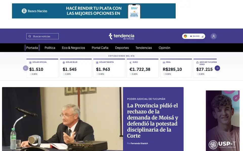 Captura de la interfaz de Tendencia de Noticias, en tendenciadenoticias.com.ar